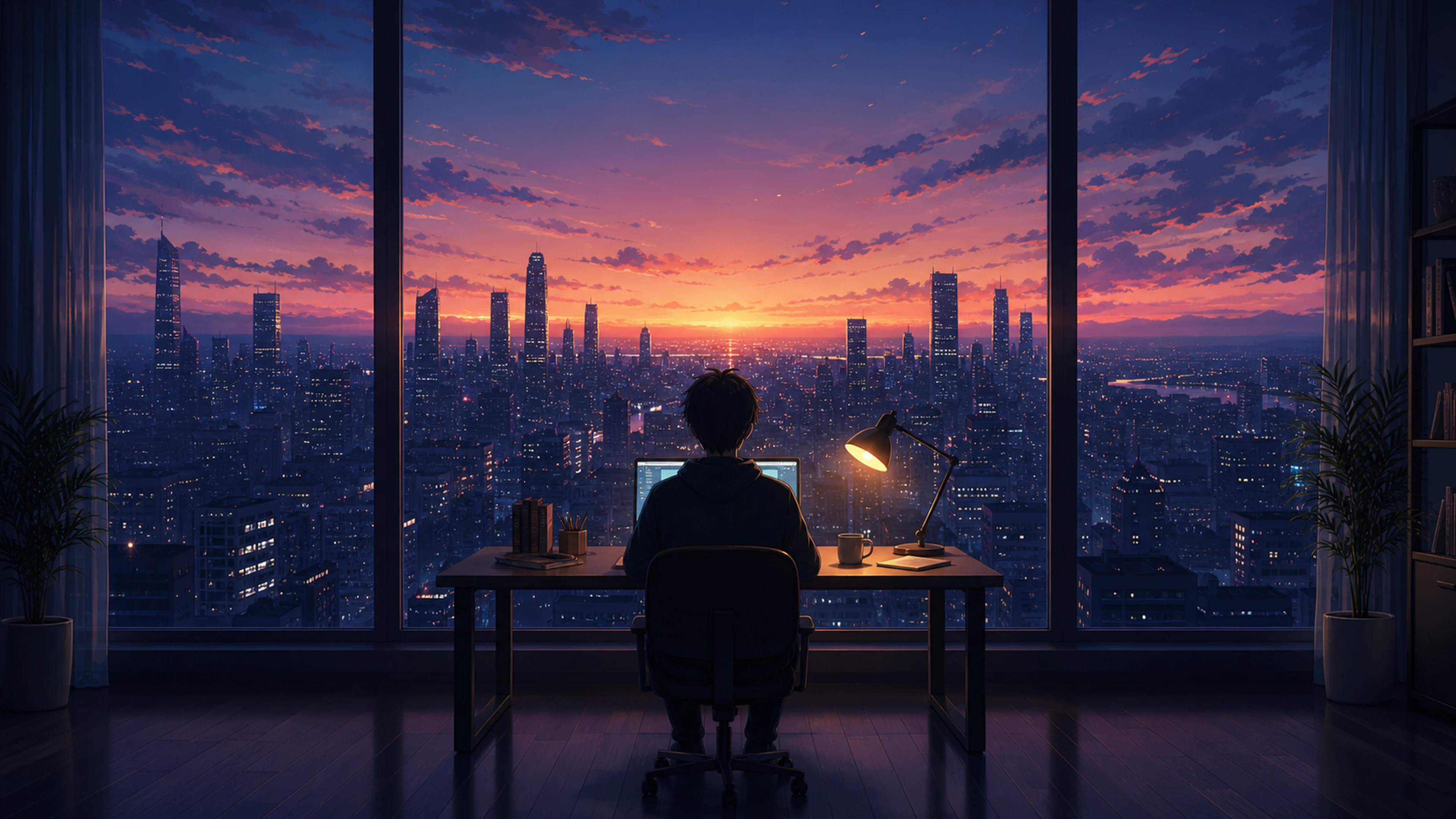A quiet anime-inspired study overlooking a city at sunset